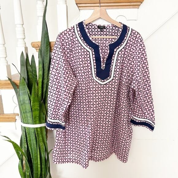 Talbots Pink Blue Geometric Print 3/4 Sleeve 100% Cotton Tunic Top Sz 2X Petite - Picture 1 of 6
